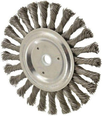 Weiler - 6" OD, 5/8" Arbor Hole, Knotted Steel Wheel Brush - 3/8" Face Width, 1-3/8" Trim Length, 0.023" Filament Diam, 9,000 RPM - Industrial Tool & Supply