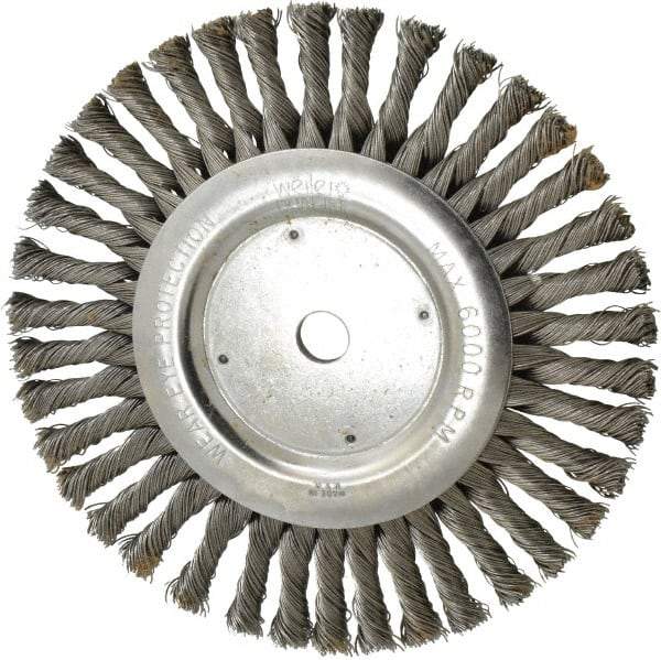 Weiler - 8" OD, 5/8" Arbor Hole, Knotted Steel Wheel Brush - 1/2" Face Width, 1-5/8" Trim Length, 0.023" Filament Diam, 6,000 RPM - Industrial Tool & Supply