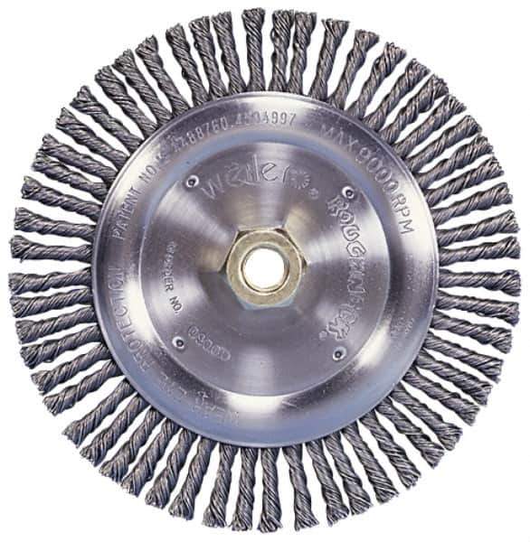 Weiler - 10" OD, 1-1/4" Arbor Hole, Knotted Steel Wheel Brush - 3/4" Face Width, 1-3/4" Trim Length, 0.014" Filament Diam, 4,500 RPM - Industrial Tool & Supply