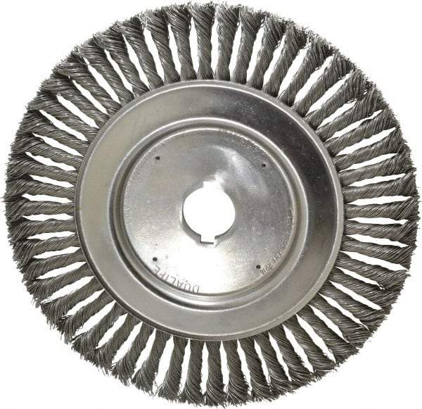 Weiler - 10" OD, 1-1/4" Arbor Hole, Knotted Steel Wheel Brush - 1/2" Face Width, 1-3/4" Trim Length, 0.023" Filament Diam, 4,500 RPM - Industrial Tool & Supply