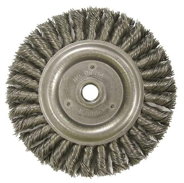 Weiler - 6" OD, 5/8-11 Arbor Hole, Knotted Steel Wheel Brush - 1/2" Face Width, 1-1/4" Trim Length, 0.023" Filament Diam, 12,500 RPM - Industrial Tool & Supply