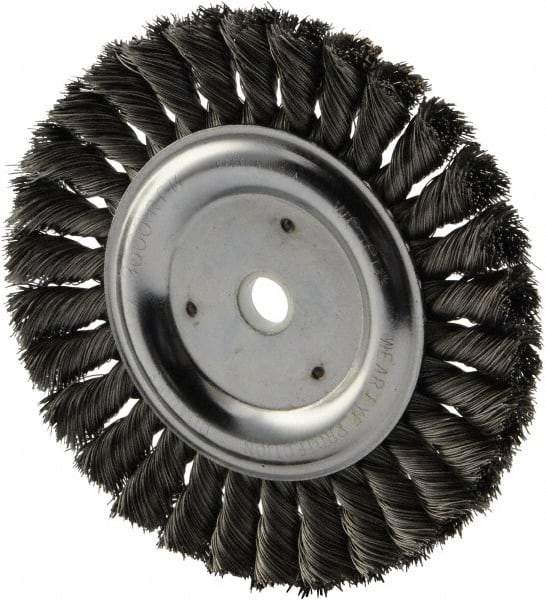 Weiler - 6" OD, 5/8" Arbor Hole, Knotted Steel Wheel Brush - 5/8" Face Width, 1-1/4" Trim Length, 0.016" Filament Diam, 9,000 RPM - Industrial Tool & Supply