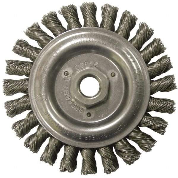 Weiler - 5" OD, 5/8-11 Arbor Hole, Knotted Steel Wheel Brush - 1/2" Face Width, 7/8" Trim Length, 0.023" Filament Diam, 12,500 RPM - Industrial Tool & Supply