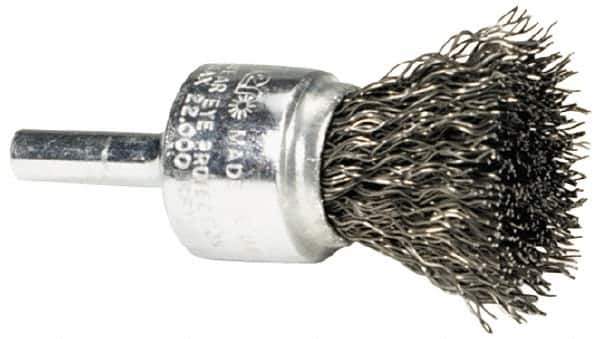 Weiler - 1/2" Brush Diam, Crimped, End Brush - 1/4" Diam Steel Shank, 25,000 Max RPM - Industrial Tool & Supply