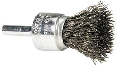 Weiler - 1/2" Brush Diam, Crimped, End Brush - 1/4" Diam Steel Shank, 25,000 Max RPM - Industrial Tool & Supply