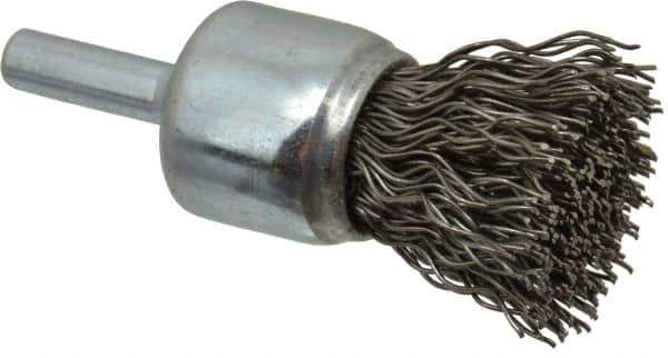 Weiler - 3/4" Brush Diam, Crimped, End Brush - 1/4" Diam Steel Shank, 22,000 Max RPM - Industrial Tool & Supply