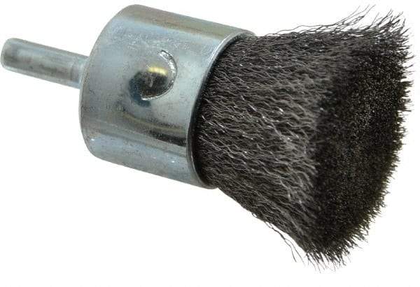 Weiler - 1" Brush Diam, Crimped, End Brush - 1/4" Diam Steel Shank, 22,000 Max RPM - Industrial Tool & Supply