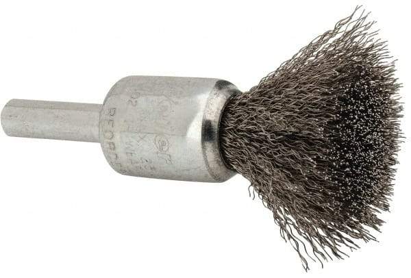 Weiler - 1/2" Brush Diam, Crimped, End Brush - 1/4" Diam Steel Shank, 25,000 Max RPM - Industrial Tool & Supply