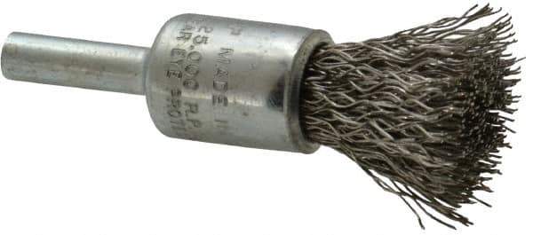 Weiler - 1/2" Brush Diam, Crimped, End Brush - 1/4" Diam Steel Shank, 25,000 Max RPM - Industrial Tool & Supply