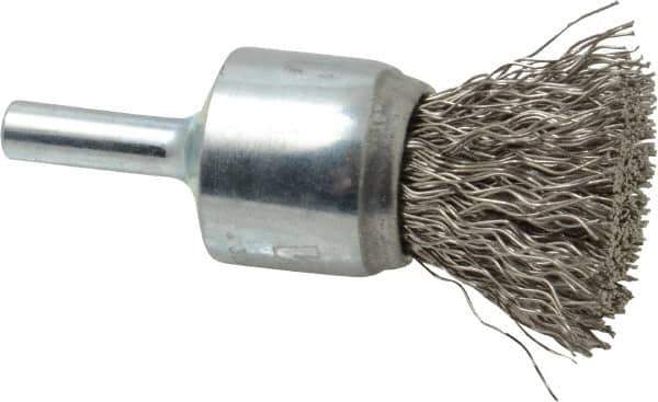 Weiler - 3/4" Brush Diam, Crimped, End Brush - 1/4" Diam Steel Shank, 22,000 Max RPM - Industrial Tool & Supply