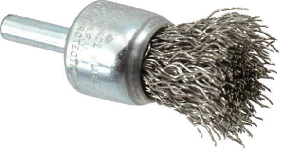 Weiler - 3/4" Brush Diam, Crimped, End Brush - 1/4" Diam Steel Shank, 22,000 Max RPM - Industrial Tool & Supply