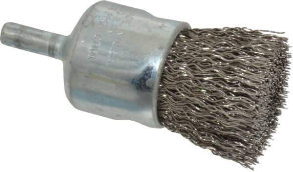 Weiler - 1" Brush Diam, Crimped, End Brush - 1/4" Diam Steel Shank, 22,000 Max RPM - Industrial Tool & Supply