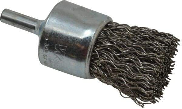 Weiler - 1" Brush Diam, Crimped, End Brush - 1/4" Diam Steel Shank, 22,000 Max RPM - Industrial Tool & Supply