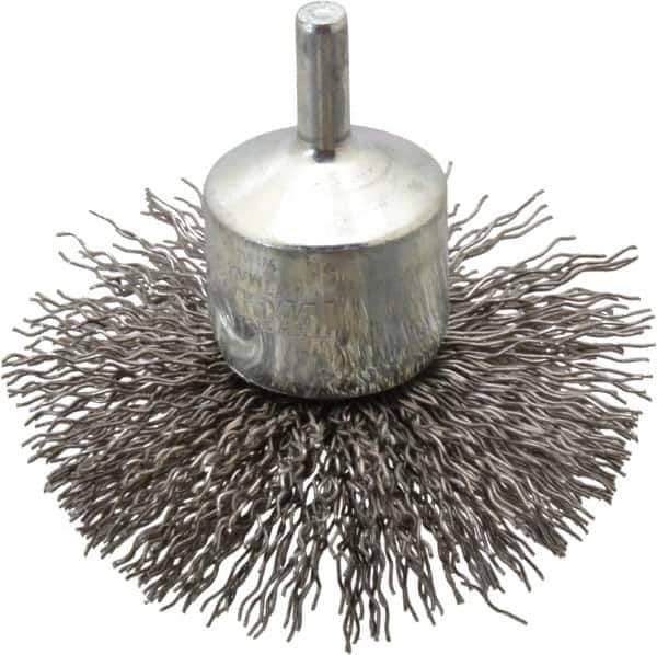 Weiler - 3" Brush Diam, Crimped, Flared End Brush - 1/4" Diam Shank, 16,000 Max RPM - Industrial Tool & Supply