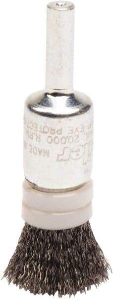 Weiler - 1/2" Brush Diam, Crimped, End Brush - 1/4" Diam Steel Shank, 20,000 Max RPM - Industrial Tool & Supply