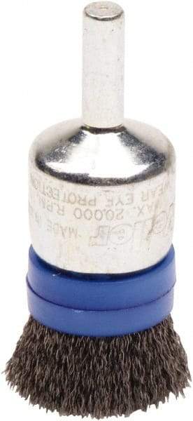 Weiler - 3/4" Brush Diam, Crimped, End Brush - 1/4" Diam Steel Shank, 20,000 Max RPM - Industrial Tool & Supply