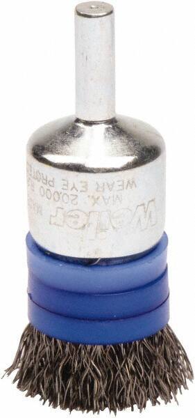 Weiler - 3/4" Brush Diam, Crimped, End Brush - 1/4" Diam Steel Shank, 20,000 Max RPM - Industrial Tool & Supply
