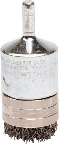 Weiler - 1" Brush Diam, Crimped, End Brush - 1/4" Diam Steel Shank, 10,000 Max RPM - Industrial Tool & Supply