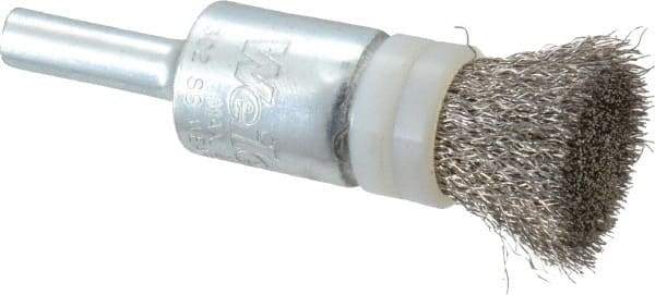 Weiler - 1/2" Brush Diam, Crimped, End Brush - 1/4" Diam Steel Shank, 20,000 Max RPM - Industrial Tool & Supply