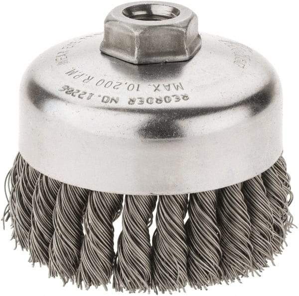 Weiler - 4" Diam, 5/8-11 Threaded Arbor, Steel Fill Cup Brush - 0.023 Wire Diam, 1-1/4" Trim Length, 9,000 Max RPM - Industrial Tool & Supply