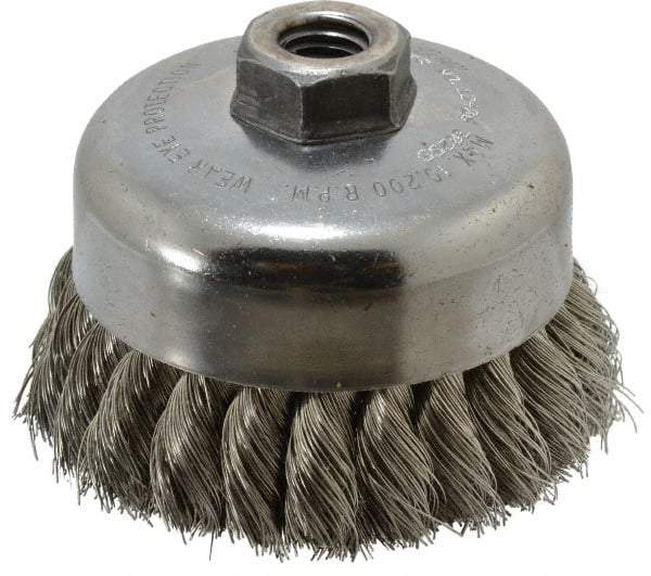 Weiler - 4" Diam, 5/8-11 Threaded Arbor, Stainless Steel Fill Cup Brush - 0.014 Wire Diam, 1-1/4" Trim Length, 9,000 Max RPM - Industrial Tool & Supply