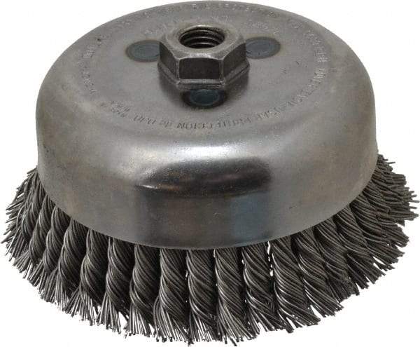 Weiler - 6" Diam, 5/8-11 Threaded Arbor, Steel Fill Cup Brush - 0.035 Wire Diam, 1-3/8" Trim Length, 6,600 Max RPM - Industrial Tool & Supply