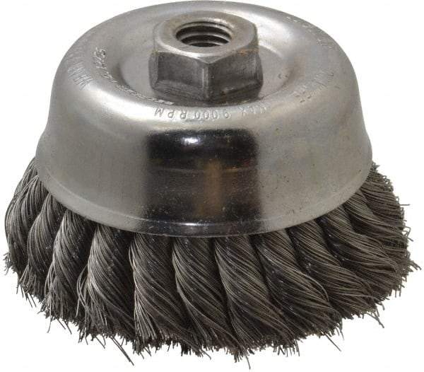 Weiler - 4" Diam, 5/8-11 Threaded Arbor, Steel Fill Cup Brush - 0.014 Wire Diam, 1-3/8" Trim Length, 9,000 Max RPM - Industrial Tool & Supply