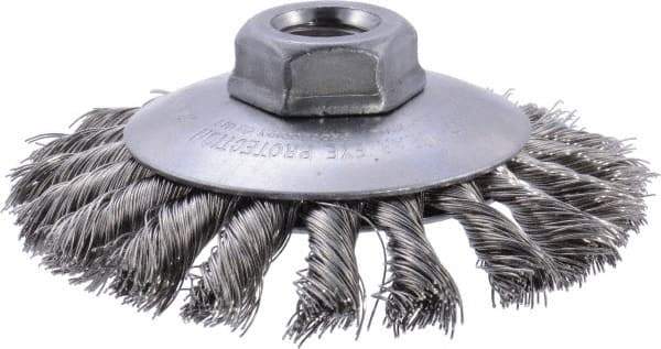 Weiler - 4" OD, 5/8-11 Arbor Hole, Knotted Stainless Steel Wheel Brush - 3/8" Face Width, 3/4" Trim Length, 0.014" Filament Diam, 12,500 RPM - Industrial Tool & Supply