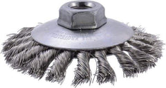 Weiler - 4" OD, 5/8-11 Arbor Hole, Knotted Stainless Steel Wheel Brush - 3/8" Face Width, 3/4" Trim Length, 0.014" Filament Diam, 12,500 RPM - Industrial Tool & Supply