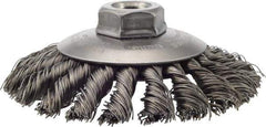 Weiler - 4-1/2" OD, 5/8-11 Arbor Hole, Knotted Steel Wheel Brush - 3/8" Face Width, 1" Trim Length, 0.02" Filament Diam, 12,500 RPM - Industrial Tool & Supply
