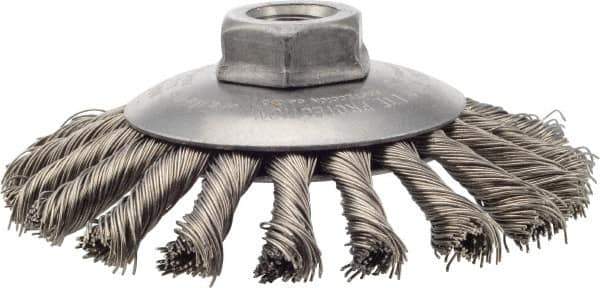 Weiler - 4-1/2" OD, 5/8-11 Arbor Hole, Knotted Stainless Steel Wheel Brush - 3/8" Face Width, 1" Trim Length, 0.02" Filament Diam, 12,500 RPM - Industrial Tool & Supply