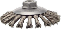 Weiler - 4-1/2" OD, 5/8-11 Arbor Hole, Knotted Stainless Steel Wheel Brush - 3/8" Face Width, 1" Trim Length, 0.02" Filament Diam, 12,500 RPM - Industrial Tool & Supply