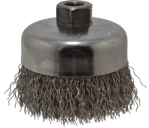 Weiler - 4" Diam, 5/8-11 Threaded Arbor, Stainless Steel Fill Cup Brush - 0.02 Wire Diam, 1-3/8" Trim Length, 9,000 Max RPM - Industrial Tool & Supply
