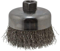Weiler - 4" Diam, 5/8-11 Threaded Arbor, Stainless Steel Fill Cup Brush - 0.02 Wire Diam, 1-3/8" Trim Length, 9,000 Max RPM - Industrial Tool & Supply