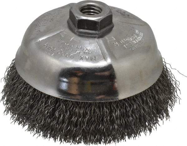 Weiler - 5" Diam, 5/8-11 Threaded Arbor, Steel Fill Cup Brush - 0.014 Wire Diam, 1-1/4" Trim Length, 8,000 Max RPM - Industrial Tool & Supply