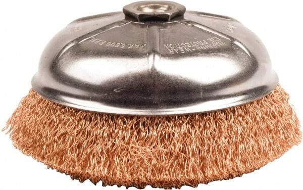 Weiler - 6" Diam, 5/8-11 Threaded Arbor, Bronze Fill Cup Brush - 0.02 Wire Diam, 1-1/4" Trim Length, 6,600 Max RPM - Industrial Tool & Supply