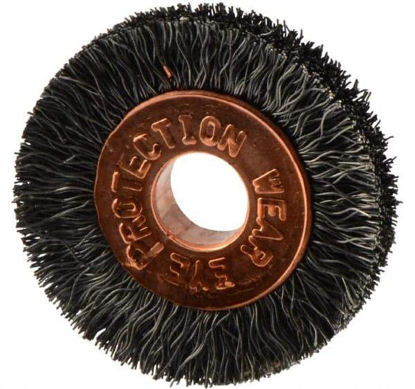 Weiler - 1" OD, 1/4" Arbor Hole, Crimped Steel Wheel Brush - 3/16" Face Width, 1/4" Trim Length, 0.006" Filament Diam, 20,000 RPM - Industrial Tool & Supply