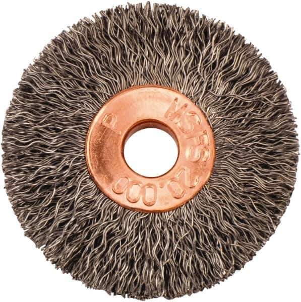 Weiler - 1-3/8" OD, 1/4" Arbor Hole, Crimped Steel Wheel Brush - 1/4" Face Width, 3/8" Trim Length, 0.008" Filament Diam, 20,000 RPM - Industrial Tool & Supply
