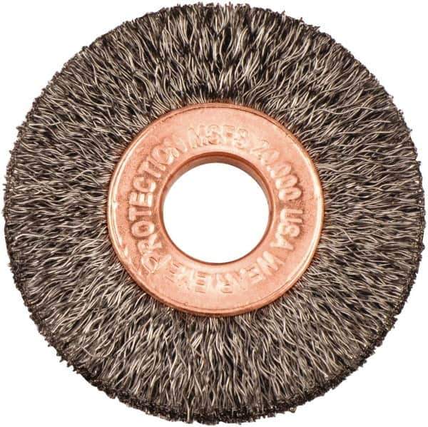 Weiler - 1-1/2" OD, 3/8" Arbor Hole, Crimped Steel Wheel Brush - 1/4" Face Width, 7/16" Trim Length, 0.006" Filament Diam, 20,000 RPM - Industrial Tool & Supply