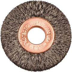Weiler - 1-1/2" OD, 3/8" Arbor Hole, Crimped Steel Wheel Brush - 1/4" Face Width, 7/16" Trim Length, 0.006" Filament Diam, 20,000 RPM - Industrial Tool & Supply