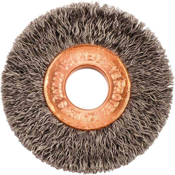 Weiler - 1-1/2" OD, 3/8" Arbor Hole, Crimped Steel Wheel Brush - 1/4" Face Width, 7/16" Trim Length, 0.008" Filament Diam, 20,000 RPM - Industrial Tool & Supply