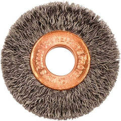 Weiler - 1-1/2" OD, 3/8" Arbor Hole, Crimped Steel Wheel Brush - 1/4" Face Width, 7/16" Trim Length, 0.008" Filament Diam, 20,000 RPM - Industrial Tool & Supply