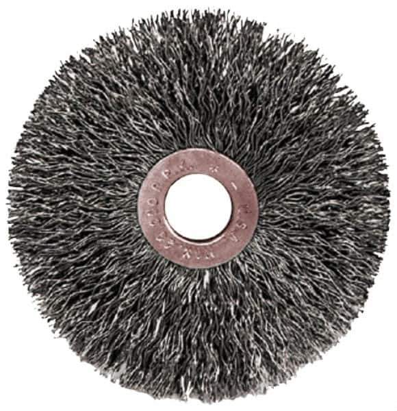 Weiler - 2" OD, 1/2" Arbor Hole, Crimped Steel Wheel Brush - 3/8" Face Width, 1/2" Trim Length, 0.0104" Filament Diam, 20,000 RPM - Industrial Tool & Supply
