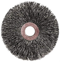 Weiler - 2" OD, 1/2" Arbor Hole, Crimped Steel Wheel Brush - 3/8" Face Width, 1/2" Trim Length, 0.0104" Filament Diam, 20,000 RPM - Industrial Tool & Supply