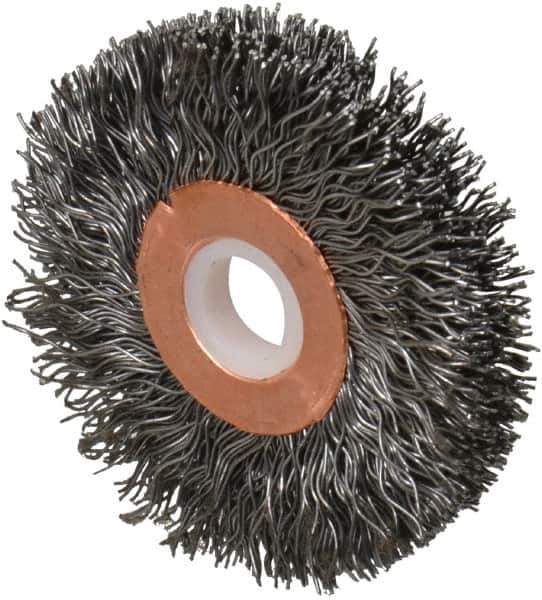 Weiler - 2" OD, 1/2" Arbor Hole, Crimped Steel Wheel Brush - 3/8" Face Width, 1/2" Trim Length, 0.014" Filament Diam, 20,000 RPM - Industrial Tool & Supply