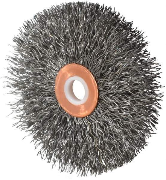 Weiler - 3" OD, 1/2" Arbor Hole, Crimped Steel Wheel Brush - 5/8" Face Width, 1" Trim Length, 0.014" Filament Diam, 20,000 RPM - Industrial Tool & Supply