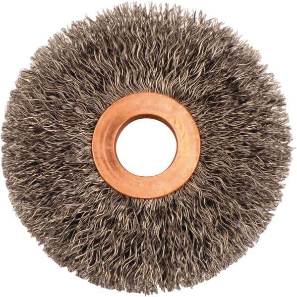 Weiler - 3" OD, 5/8" Arbor Hole, Crimped Steel Wheel Brush - 5/8" Face Width, 15/16" Trim Length, 0.0118" Filament Diam, 20,000 RPM - Industrial Tool & Supply