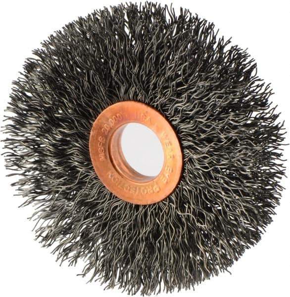 Weiler - 3" OD, 5/8" Arbor Hole, Crimped Steel Wheel Brush - 5/8" Face Width, 15/16" Trim Length, 0.014" Filament Diam, 20,000 RPM - Industrial Tool & Supply
