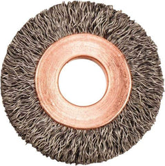 Weiler - 1-1/4" OD, 3/8" Arbor Hole, Crimped Steel Wheel Brush - 1/4" Face Width, 5/16" Trim Length, 0.008" Filament Diam, 20,000 RPM - Industrial Tool & Supply