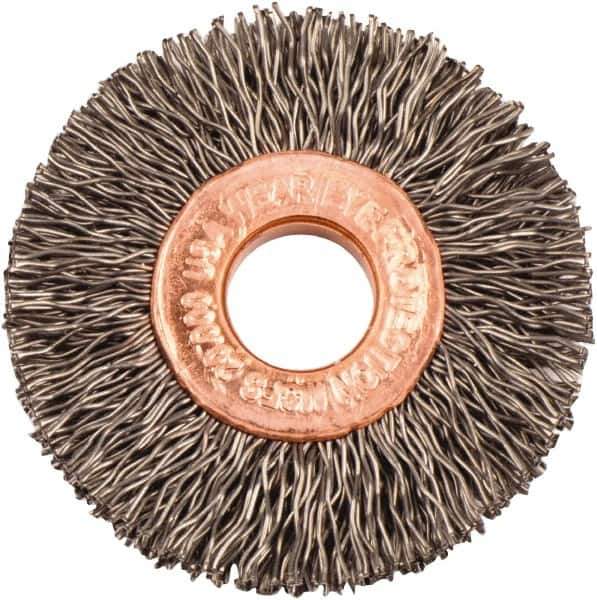 Weiler - 1-1/2" OD, 3/8" Arbor Hole, Crimped Steel Wheel Brush - 1/4" Face Width, 7/16" Trim Length, 0.014" Filament Diam, 20,000 RPM - Industrial Tool & Supply